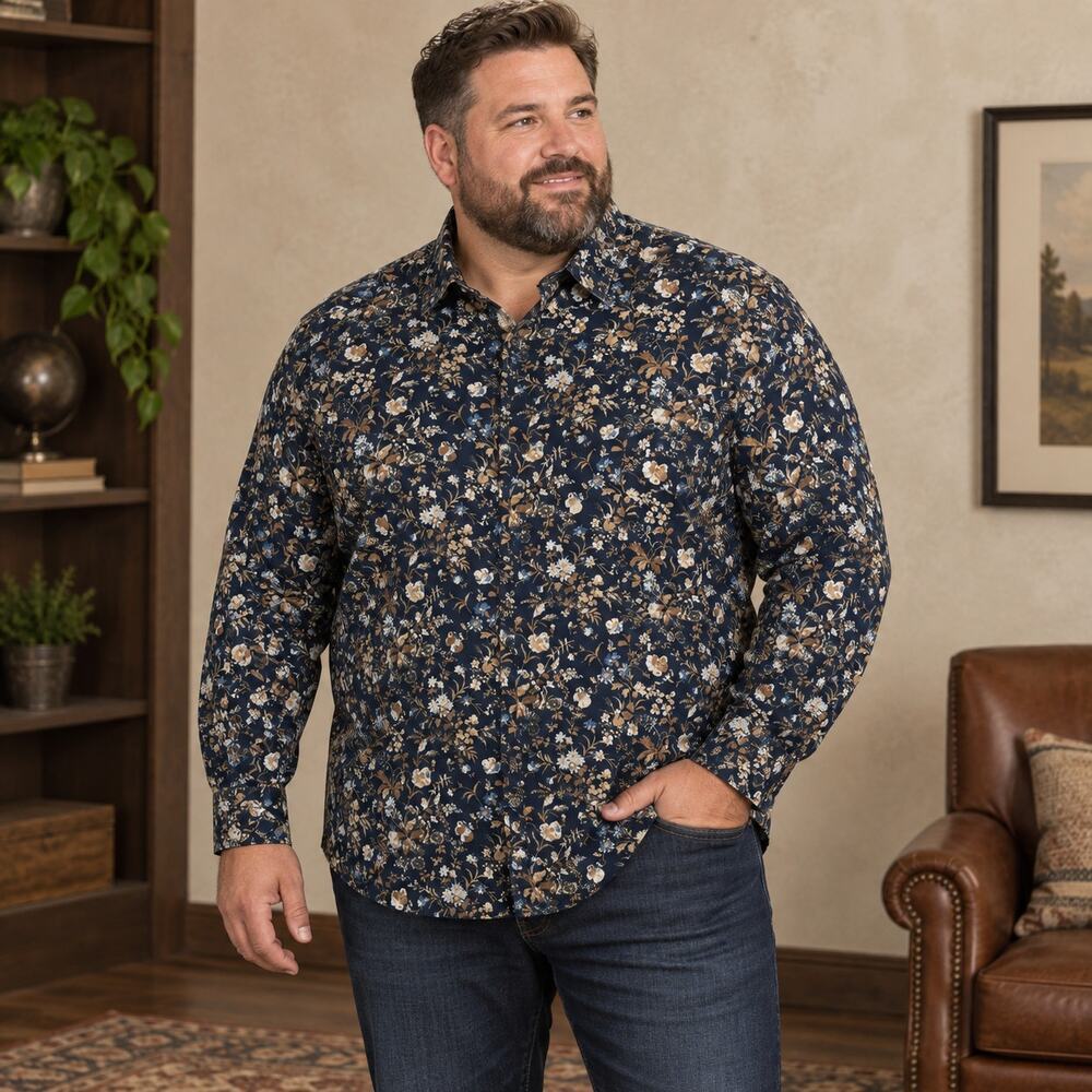 Perry Ellis Men's Navy Floral Button Down Top Plus Size 3XL